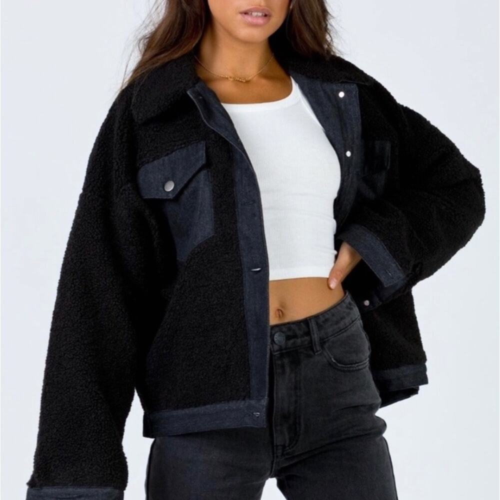 Princess Polly Sherpa Trucker Jacket Women 2 Black Fleece Denim Trim Shacket